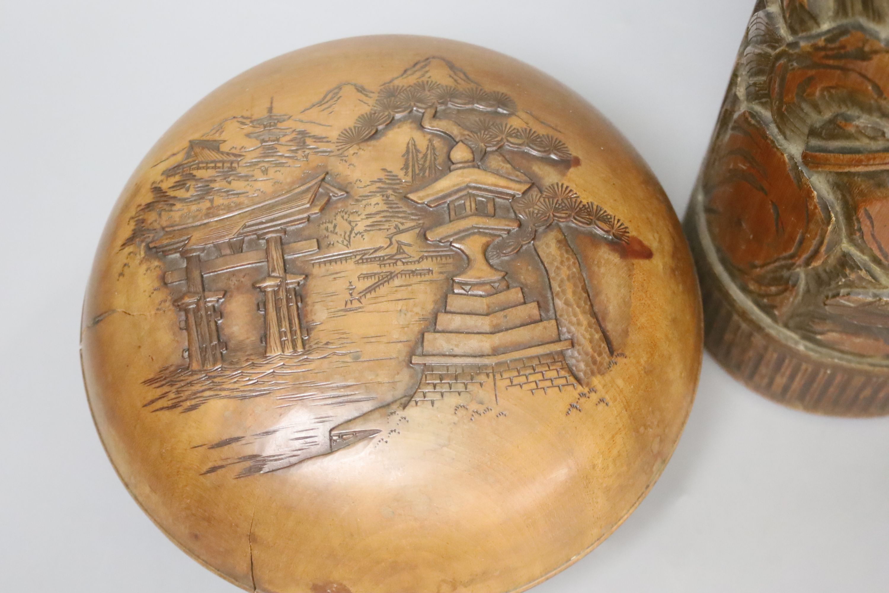 A Japanese carved bamboo brushpot, height 45cm, and Japanese carved wood circular lidded box